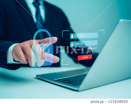 Businessman pointing at login window, Cybersecurity concept Global network security technology, Secure access to user personal information, Secure Internet access, Cybersecurity. 115838050