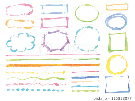 カラフルな水彩風の不揃いな太さの手描きの線やフレームのセット カラフルな水彩風の不揃いな太さの手描きの線やフレームのセット 115838077