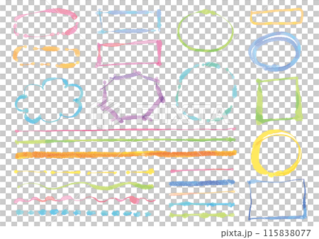 カラフルな水彩風の不揃いな太さの手描きの線やフレームのセット カラフルな水彩風の不揃いな太さの手描きの線やフレームのセット 115838077