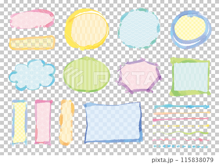 一組手繪線條和框架，粗細不規則，採用柔和色彩的日本圖案 115838079