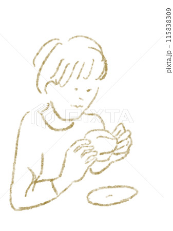 パンを両手で食べる人の茶色の優しい線画イラスト 115838309