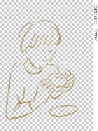 パンを両手で食べる人の茶色の優しい線画イラスト 115838309