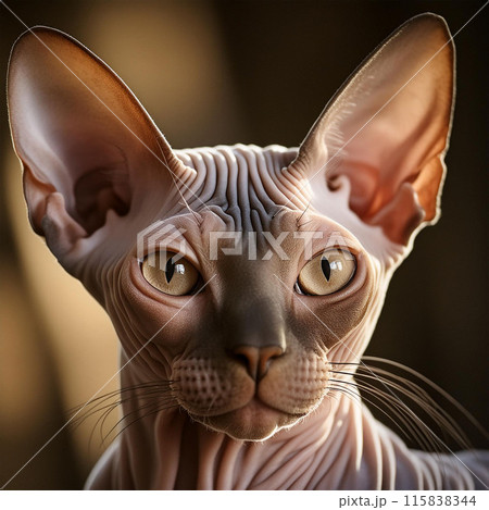 Sphynx cat, hairless, wrinkled skin, large ears, affectionate, energetic, curious, indoor cat, grooming, heat-sensitive 115838344