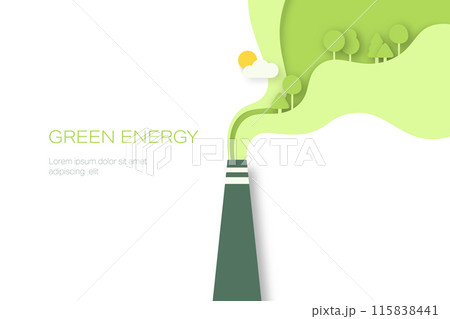 Green Industry. Pipe of factory with green trees in the smoke. Paper art of Sustainable energy, ecology and environment concept. Minimal vector illustration. 115838441