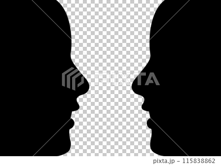 対面し見つめ合う人のシルエット。距離感の近い人間。客観的に自己分析するイメージ。 対面し見つめ合う人のシルエット。距離感の近い人間。客観的に自己分析するイメージ。 115838862