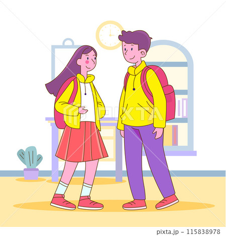 Flat Design Illustration of Cute Boy Girl Character Wearing Backpack Back to School Flat Design Illustration of Cute Boy Girl Character Wearing Backpack Back to School 115838978