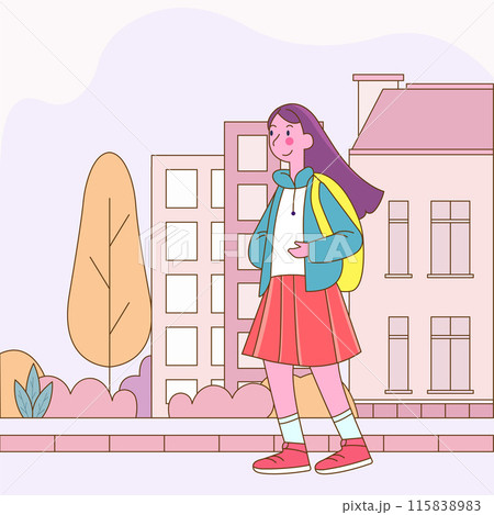 Flat Design Illustration of Cute Girl Character Standing in Front of the School Building with Smiling Expression Flat Design Illustration of Cute Girl Character Standing in Front of the School Building with Smiling Expression 115838983
