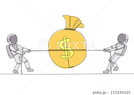 Single one line drawing two astronauts fighting over a money bag. Fight for financial aid for an important expedition into space. Trying to achieve dreams. Continuous line design graphic illustration 115839105