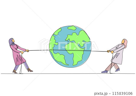 Continuous one line drawing two Arabian businesswomen fighting over globe. Fierce fight for territory. Build a business empire. Get the profit. Work smart. Single line draw design vector illustration 115839106