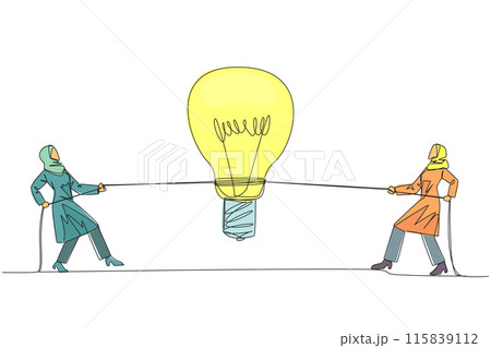 Continuous one line drawing two Arabian businessmen fighting over a lightbulb. Compete to find solutions. Looking for the best way out to gain profits. Single line draw design vector illustration Continuous one line drawing two Arabian businessmen fighting over a lightbulb. Compete to find solutions. Looking for the best way out to gain profits. Single line draw design vector illustration 115839112
