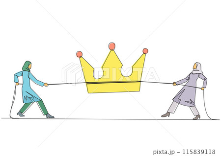 Continuous one line drawing two Arabian businesswomen fight for the crown. Fight to become a reliable business queen. A boss who makes a lot of profits. Single line draw design vector illustration Continuous one line drawing two Arabian businesswomen fight for the crown. Fight to become a reliable business queen. A boss who makes a lot of profits. Single line draw design vector illustration 115839118