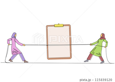 Single continuous line drawing two Arabian businesswomen fighting over a clipboard. Fight for tool that make work easier. Detailing data on profitable clients. One line design vector illustration 115839120