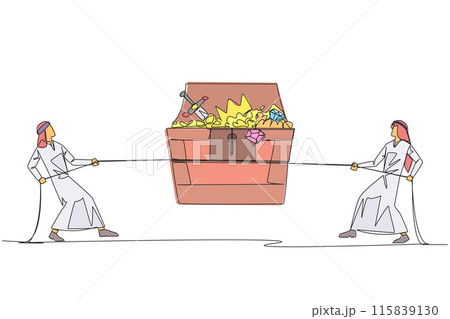 Single one line drawing two Arabian businessmen fight over an open treasure chest. Battle over finding treasure. Everything is done to have it. Greedy. Continuous line design graphic illustration 115839130