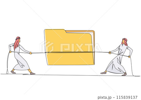 Continuous one line drawing two Arabian businessmen fighting over document folder. Fighting for confidential information that very profitable for company. Single line draw design vector illustration 115839137