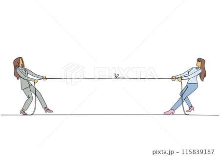 Continuous one line drawing two businesswomen pulling each other's rope. Light exercise relieves fatigue of daily routine. Fill free time to bond together. Single line draw design vector illustration 115839187