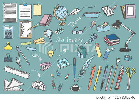 文房具イラストセット 手描き線画 文房具イラストセット 手描き線画 115839346