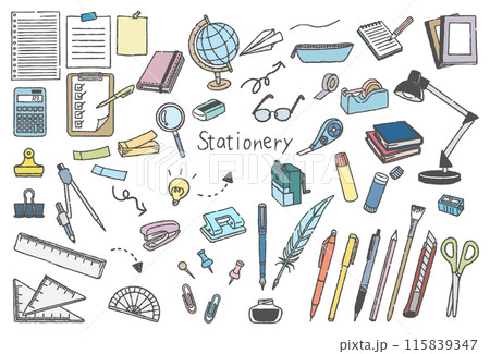 文房具イラストセット 手描き線画のイラスト素材 [115839347] - PIXTA