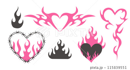 Set Wire Barb heart, oval frame y2k tattoo border, flame silhouette gothic spiky punk print neo tribal isolated on white background. Barbwire emo boundary heart shape. Set Wire Barb heart, oval frame y2k tattoo border, flame silhouette gothic spiky punk print neo tribal isolated on white background. Barbwire emo boundary heart shape. 115839551