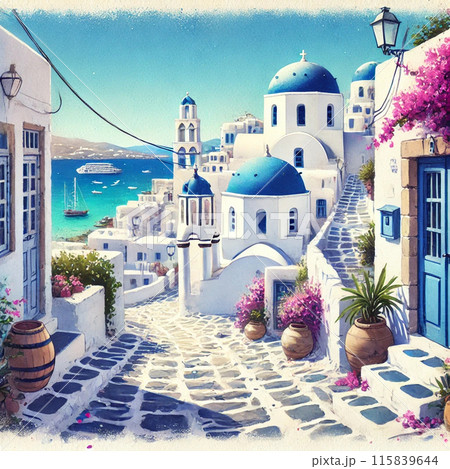 こちらがミコノス島のイラストです。白い建物と青い屋根、鮮やかなブーゲンビリアの花、そして美しいエーゲ 115839644