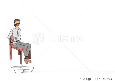 Single one line drawing businessman sat down, body and legs tied to chair. Piling up debts. Frozen accounts and assets. Losses when doing business. Hostage. Continuous line design graphic illustration Single one line drawing businessman sat down, body and legs tied to chair. Piling up debts. Frozen accounts and assets. Losses when doing business. Hostage. Continuous line design graphic illustration 115839793