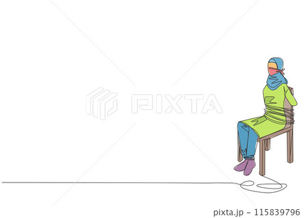 Single continuous line drawing Arabian businesswoman sitting and helpless. Victim of fraudulent investments. There are no funds to develop the business. Hostage. One line design vector illustration 115839796