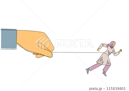 Continuous one line drawing Arab businesswoman run but stomach is tied. Running business but not able to control it. There is ruler who controls everything. Single line draw design vector illustration Continuous one line drawing Arab businesswoman run but stomach is tied. Running business but not able to control it. There is ruler who controls everything. Single line draw design vector illustration 115839801
