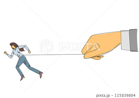 Continuous one line drawing businesswoman run but stomach is tied. Running business that is stuck with lot of debt. Business is difficult to make a profit. Single line draw design vector illustration 115839804