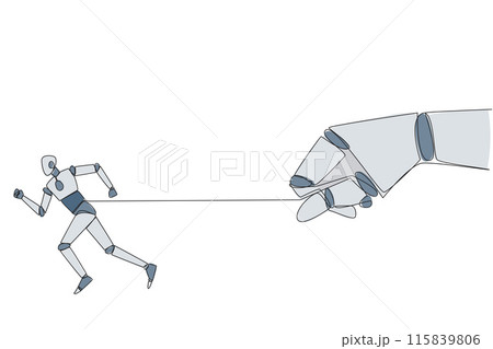 Single continuous line drawing robot runs but its stomach is tied. Artificial intelligence makes the robot unwilling to obey. There is conflict. Wrong code given. One line design vector illustration 115839806