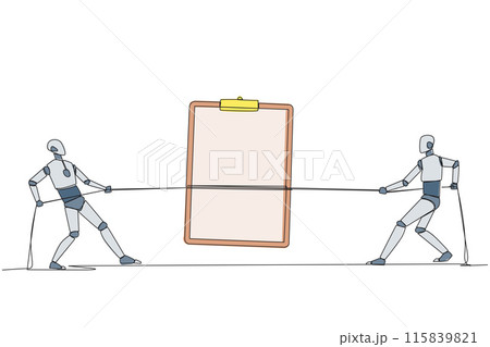 Single continuous line drawing two smart robots fighting over a clipboard. Battle like a cowboy. Compete to write a list of robot development needs. Future tech. One line design vector illustration Single continuous line drawing two smart robots fighting over a clipboard. Battle like a cowboy. Compete to write a list of robot development needs. Future tech. One line design vector illustration 115839821