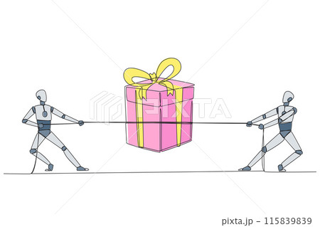 Single one line drawing two robots fighting over a gift box. Fight like a cowboy. Compete with strength and intelligence to win championship prizes. Tech. Continuous line design graphic illustration 115839839