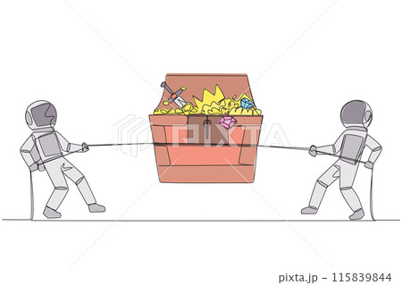 Single one line drawing two astronauts fight over an open treasure chest. Compete for the treasures left behind by the first expedition team on the moon. Continuous line design graphic illustration 115839844