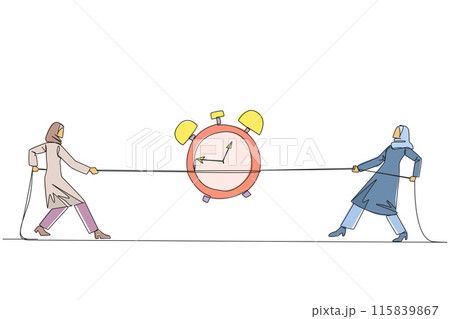 Single one line drawing two Arabian businesswomen fighting over an alarm clock. The battle to get work done before the deadline. Eliminates rioters. Fight. Continuous line design graphic illustration 115839867