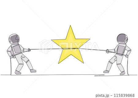 Single one line drawing two astronauts fighting for a star. Competition for dreams. Be the first in line to go on expedition to moon. Cosmonaut deep space. Continuous line design graphic illustration Single one line drawing two astronauts fighting for a star. Competition for dreams. Be the first in line to go on expedition to moon. Cosmonaut deep space. Continuous line design graphic illustration 115839868