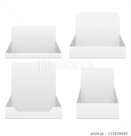 Empty cardboard POS POI blank display show box holder for sale. Vector 115839895