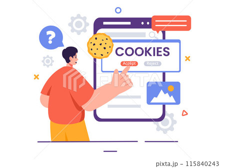 Internet Cookies Technology Vector Illustration with Tracking Cookie Records of Browsing Activity on a Website in a Flat Cartoon Style Background Internet Cookies Technology Vector Illustration with Tracking Cookie Records of Browsing Activity on a Website in a Flat Cartoon Style Background 115840243