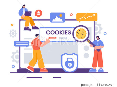 Internet Cookies Technology Vector Illustration with Tracking Cookie Records of Browsing Activity on a Website in a Flat Cartoon Style Background Internet Cookies Technology Vector Illustration with Tracking Cookie Records of Browsing Activity on a Website in a Flat Cartoon Style Background 115840251