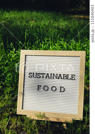SUSTAINABLE FOOD message on background of fresh eco-friendly bio grown green herb dill in garden. Countryside food production concept. Locally produce harvesting. Sustainability 115840403
