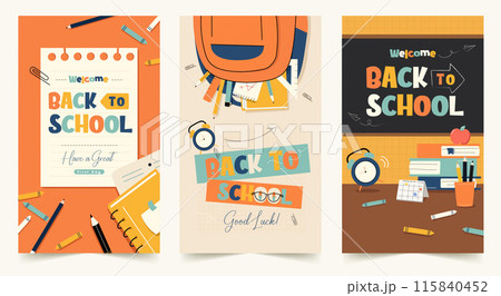 Colorful Back to School Posters with Stationery, Books, and Chalkboard - Perfect for Education and Academic Themes Colorful Back to School Posters with Stationery, Books, and Chalkboard - Perfect for Education and Academic Themes 115840452
