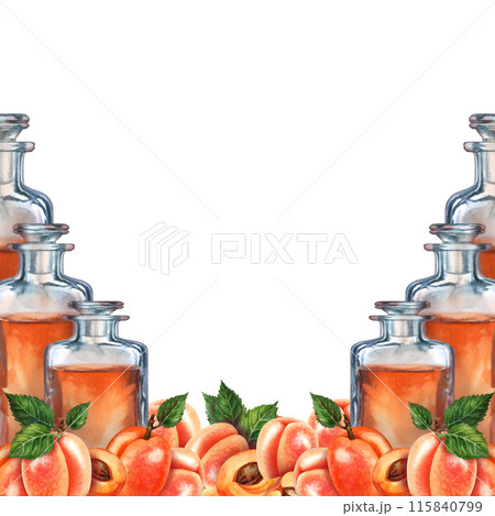 Square orange fruit frame of apricots, vintage glass bottles with brown liquid. Watercolor illustration for liqueur, amaretto, perfume, oil, aromatherapy, massage, alcohol, alchemy, drinks, cooking 115840799