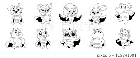 Black and white coloring page featuring adorable animal superheroes wearing capes and masks, perfect for kids' activities. 115841001