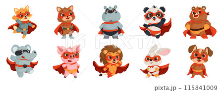 Set of cute superhero animal characters in colorful costumes, perfect for kids' illustrations or animated projects. 115841009