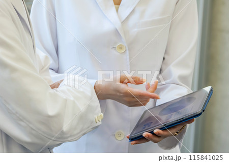 タブレットを見ながら相談する医師・研究者 115841025