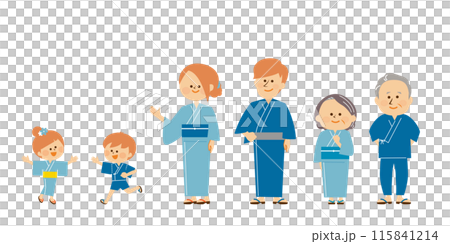 Japanese summer festival Bon Odori dance illustration of three generations of a family wearing yukata 115841214