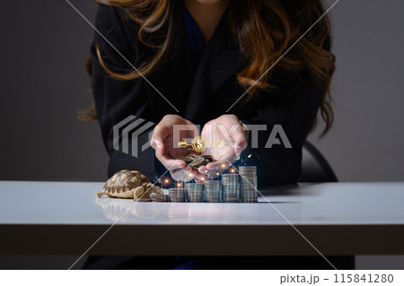 Businesswoman with turtle near stack of coins. Investment victory and success from patience, Slow but stable 115841280