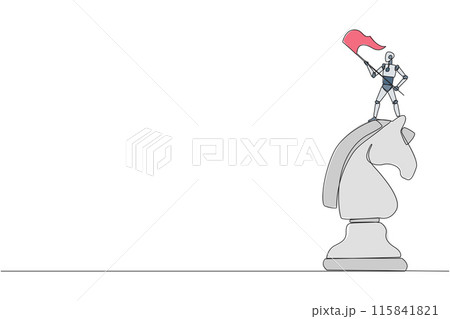 Single one line drawing robotic smart technology standing on top of the big horse chess and waving a flag. Business achievement goal, metaphor concept. Continuous line design graphic illustration Single one line drawing robotic smart technology standing on top of the big horse chess and waving a flag. Business achievement goal, metaphor concept. Continuous line design graphic illustration 115841821