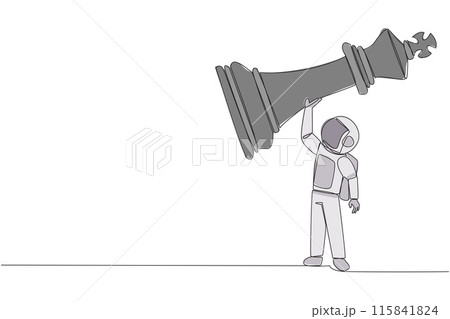 Single continuous line drawing young strong astronaut holding, lifting king chess piece. Successful entrepreneurship tactics or strategy, superiority in business. One line design vector illustration 115841824