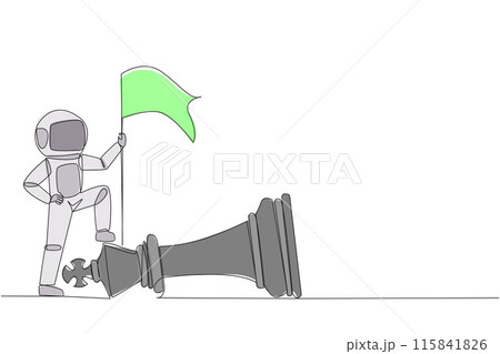 Single continuous line drawing young astronaut holds flag, defeat competitor in business as winning chess game. Strategy success using powerful move for advantage. One line design vector illustration 115841826