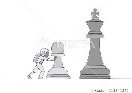 Single continuous line drawing young energetic astronaut push huge pawn chess piece. Business strategy and marketing plan. Strategic move in business concept. One line design vector illustration Single continuous line drawing young energetic astronaut push huge pawn chess piece. Business strategy and marketing plan. Strategic move in business concept. One line design vector illustration 115841842
