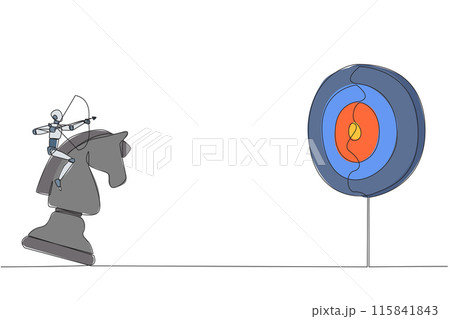 Single continuous line drawing smart robot future tech holding archery aiming target while riding chess horse piece, strategic concept. Success business manager. One line design vector illustration 115841843