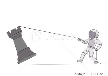 Single one line drawing young energetic astronaut pulling big rook chess with rope. Business achievement goal, strategy, competitive, strategic concept. Continuous line design graphic illustration 115841845